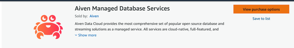 AWS Marketplace purchase options button for Aiven Managed Database Services