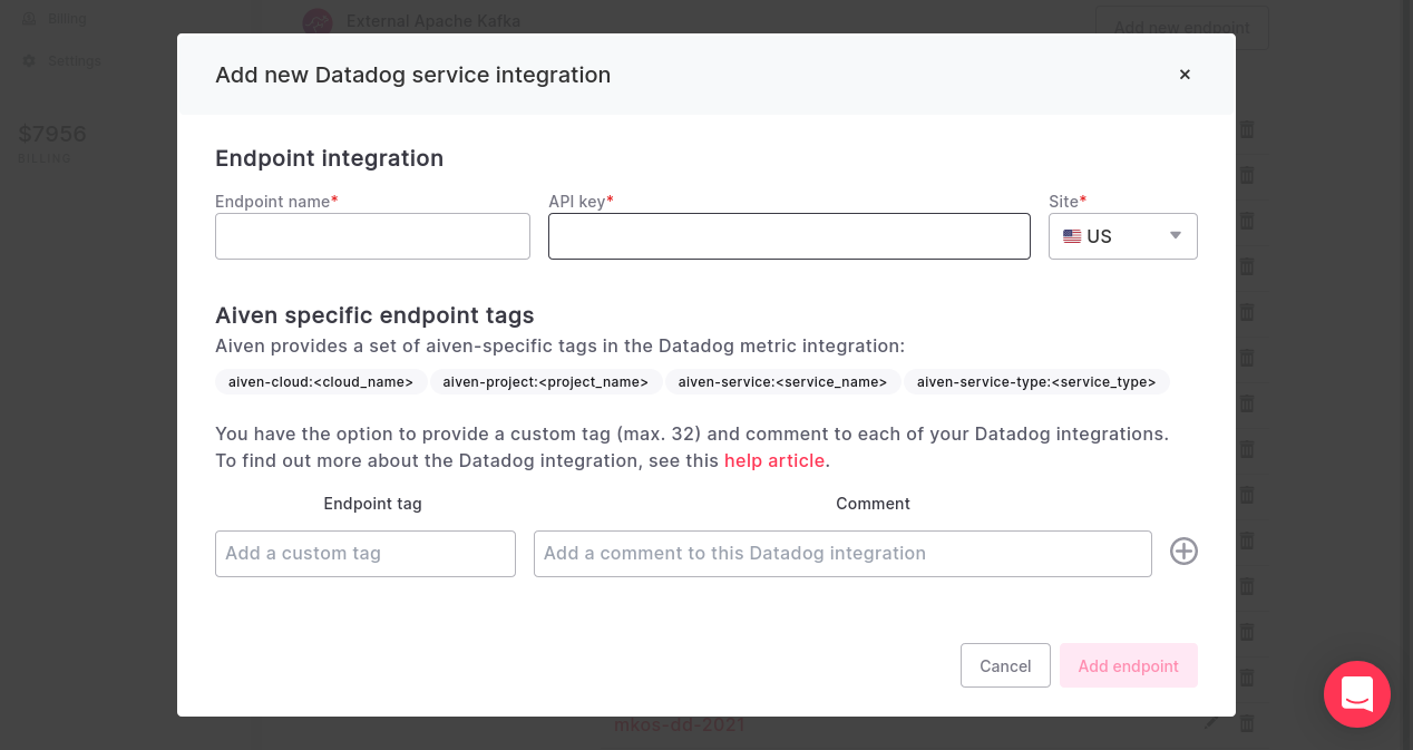 Screenshot of the Datadog configuration screen