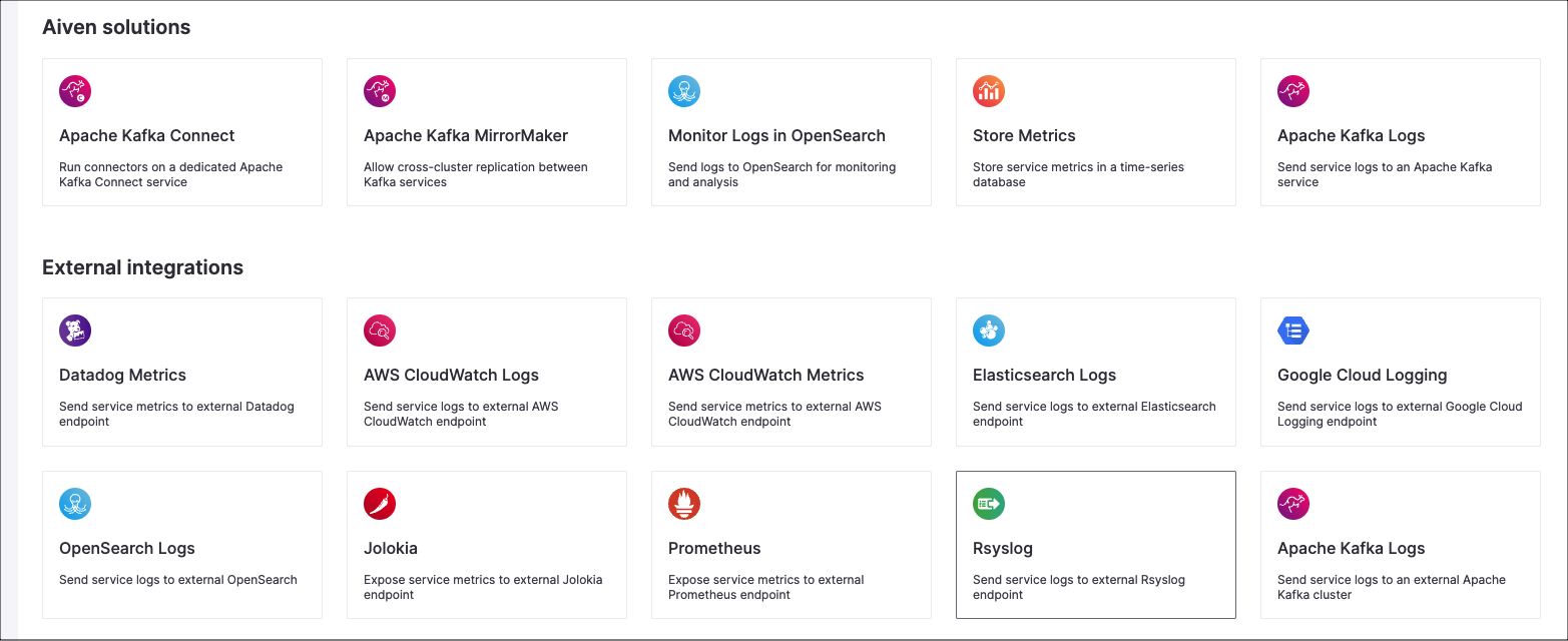 Screenshot of system integrations including rsyslog